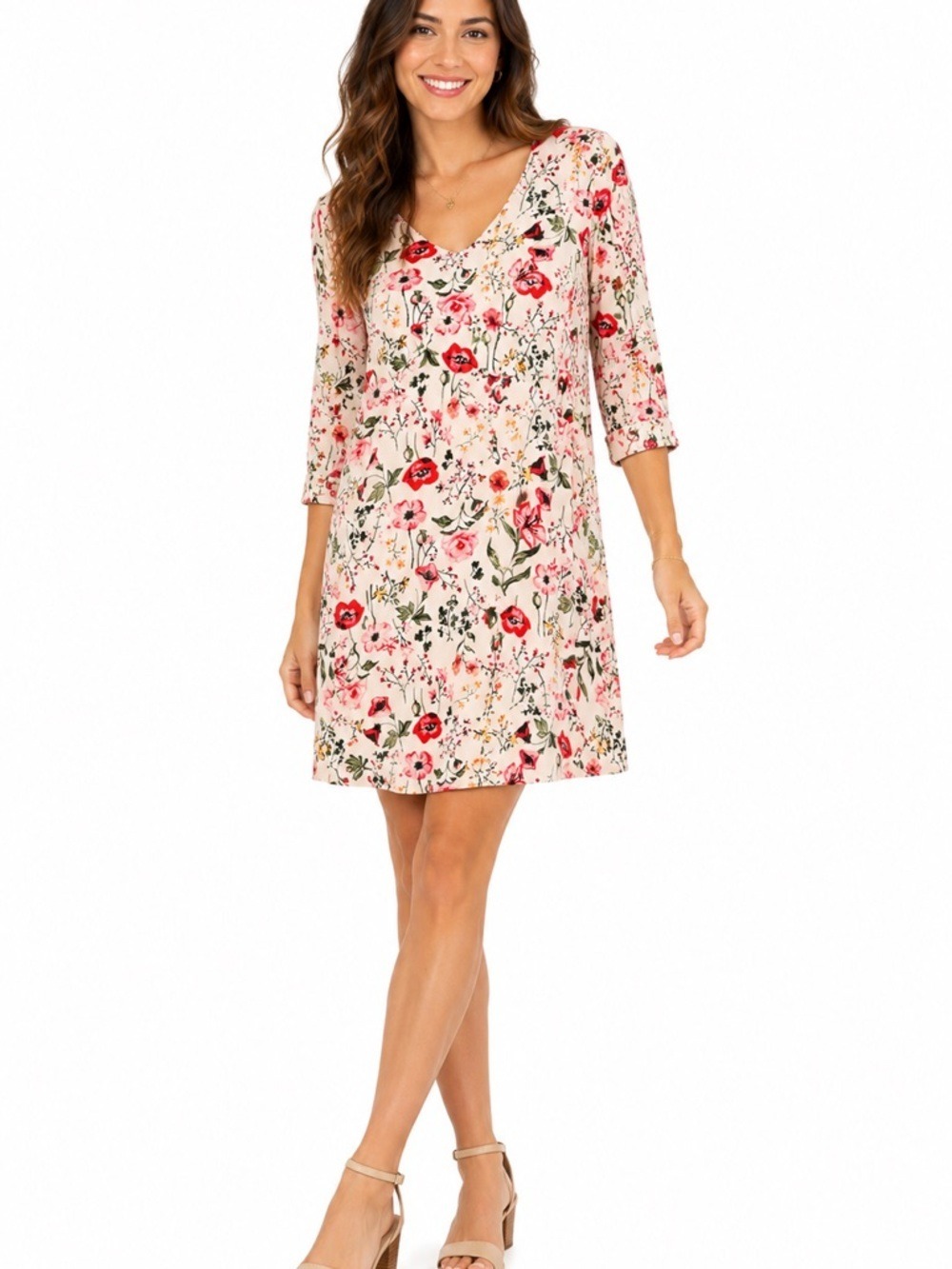 RW&CO Floral Shift Dress Blush Pink V Neck 3/4 Sleeve Medium Cottagecore